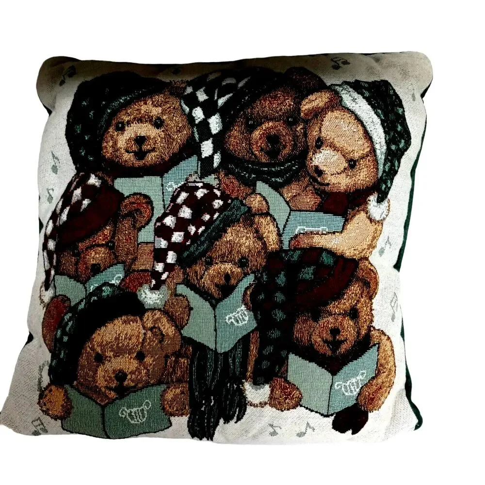 Vintage Christmas Teddy Bear Choir Pillow Holiday Decor 15 x 15